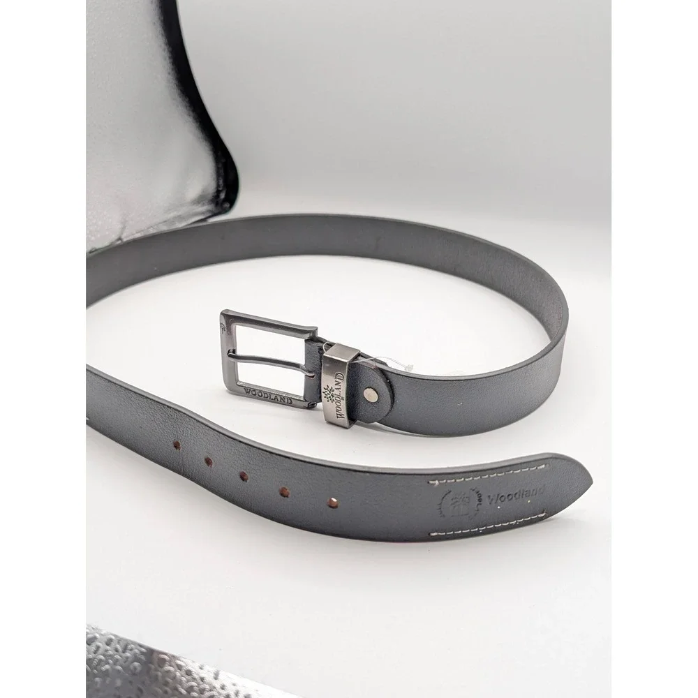 Woodland Leather Belt Mens 46 Black Gunmetal Buckle Logo Rugged Casual NWT